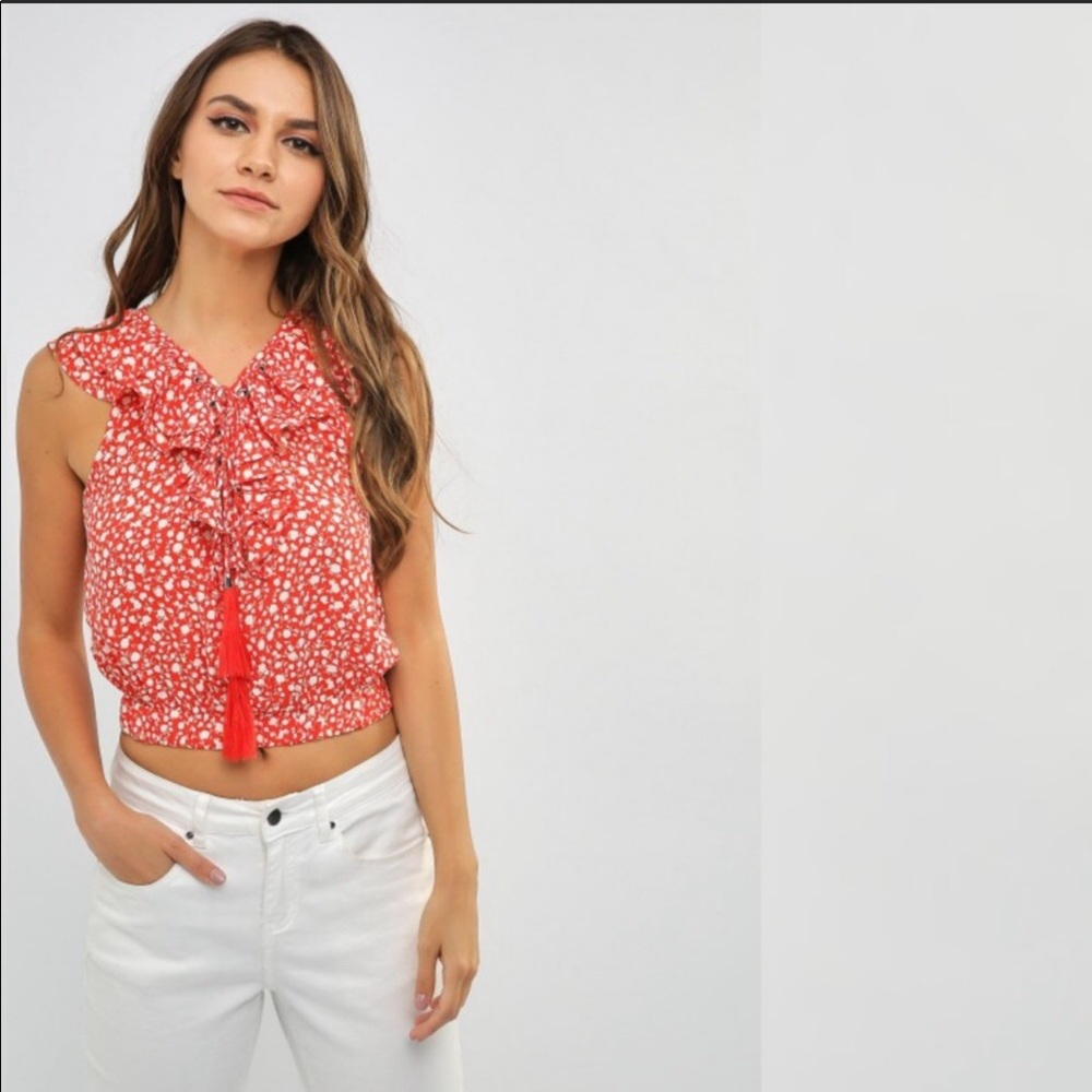 Moon River RUFFLED NECK TOP WITH FRONT LACE DETAIL